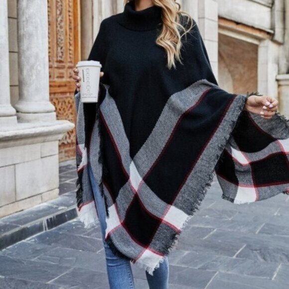 CLASSIC womens plaid print oversized Pullover Ponc - Picture 9 of 9